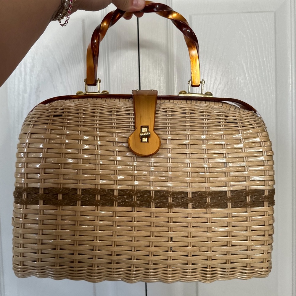 Vintage Wicker Handbag Amber Lucite Handle Handmade British Colony Hong Kong